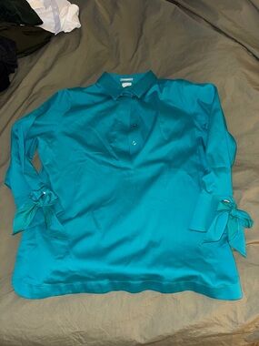 Chico's Teal Satin Button-Front Blouse with Tie Cuffs